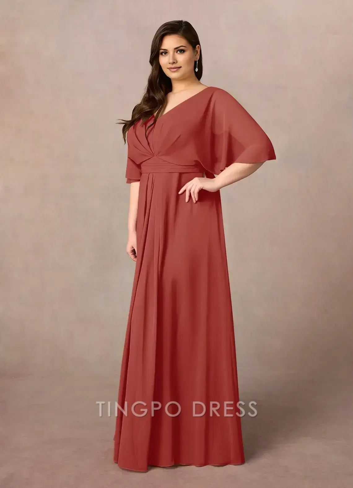 TingPo Wholesale Elegant Plus - Size V - Neck Chiffon Evening Gown with Flutter Sleeves and Pleated Bodice: Ideal for Formal Affairs